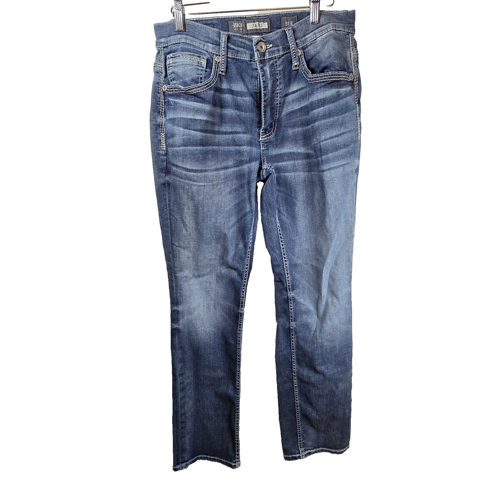 BKE Buckle Jeans Jake Straight Leg Mens 31R Whiskered Thick Stitch 31x29 Denim